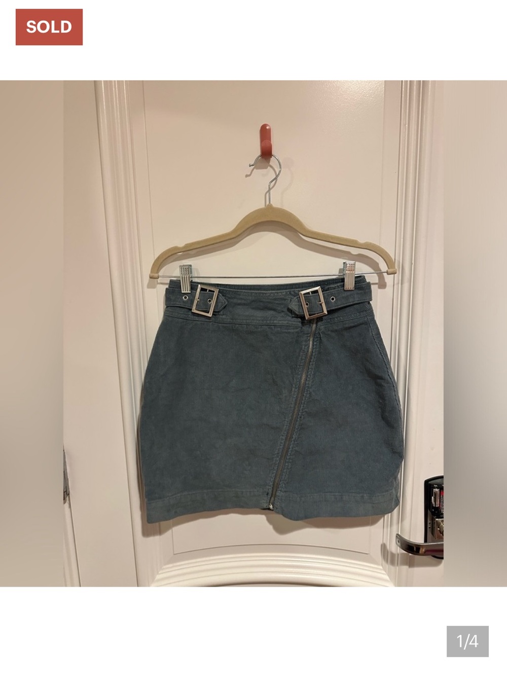 Urban Outfitters blue corduroy mini skirt silver buckles zipper asymmetrical - Picture 2 of 4